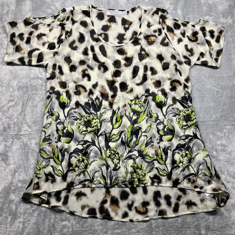 Simonton Says Blouse Women Sheer Leopard Floral Cold‎ Shoulder High Low Tunic XL